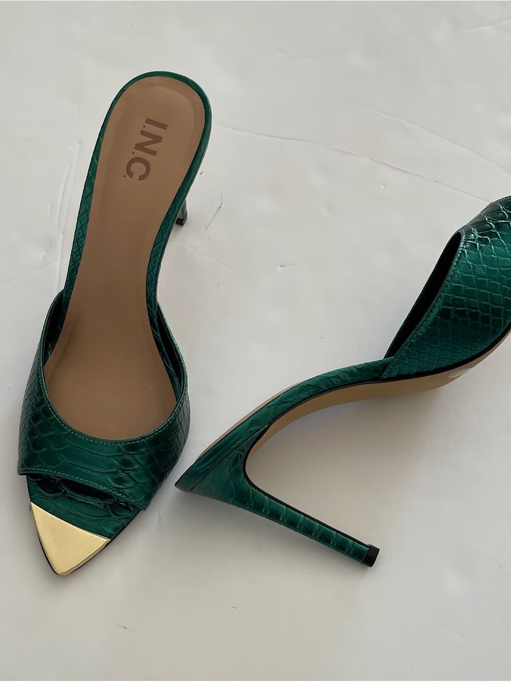 INC International Concepts Metallic Green Open-Toe Mule Heels with Gold Accents